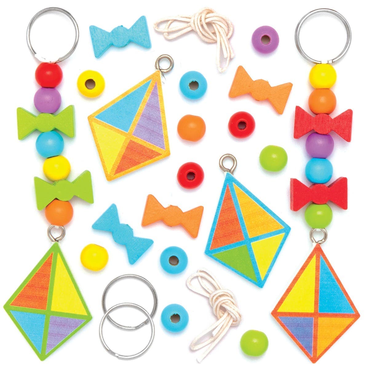 Kite Wooden Keyring & Bag Dangler Kits (Pack of 4) Craft Kits For Kids 6 assorted bead colours - Red, Orange, Green, Blue, Purple & Yellow