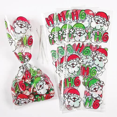 Festive Gift Bags & Seals (Pack of 20) Christmas Party Supplies, Santa Design, Twist Ties Included, 125mm x 290mm