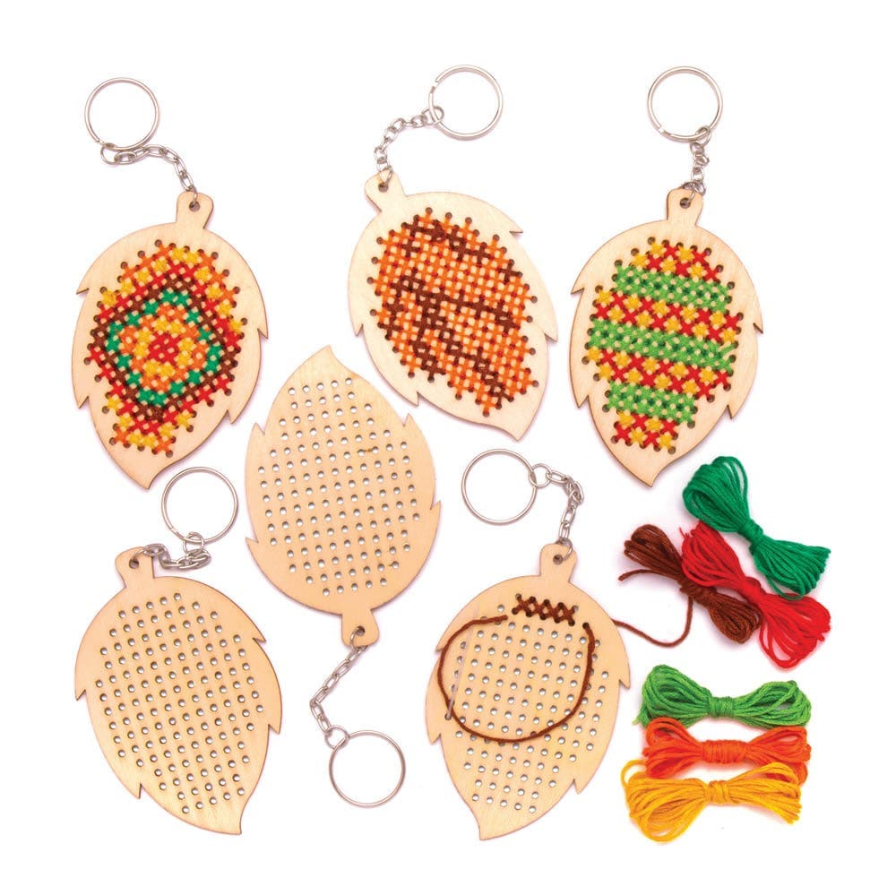 Leaf Wooden Cross Stitch Keyring Kits (Pack of 5) 6 Embroidery Thread Colours, Size 10cm, Plastic Needles & Keyring Included