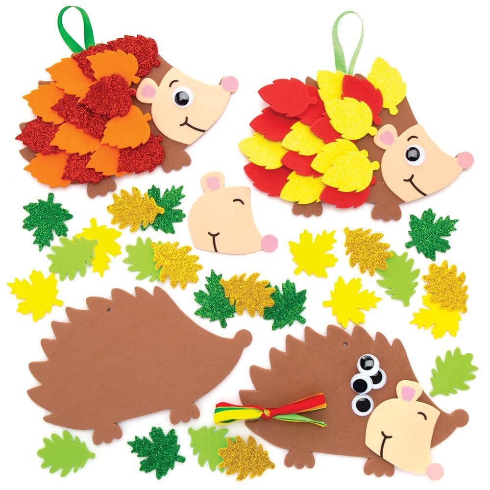 Leafy Hedgehog Kits (Pack of 5) Decoration Craft Kits 5 colourways - Red/Yellow, Yellow/Dark Green, Orange/Dark Green, Light Green/Yellow & Red/Orange