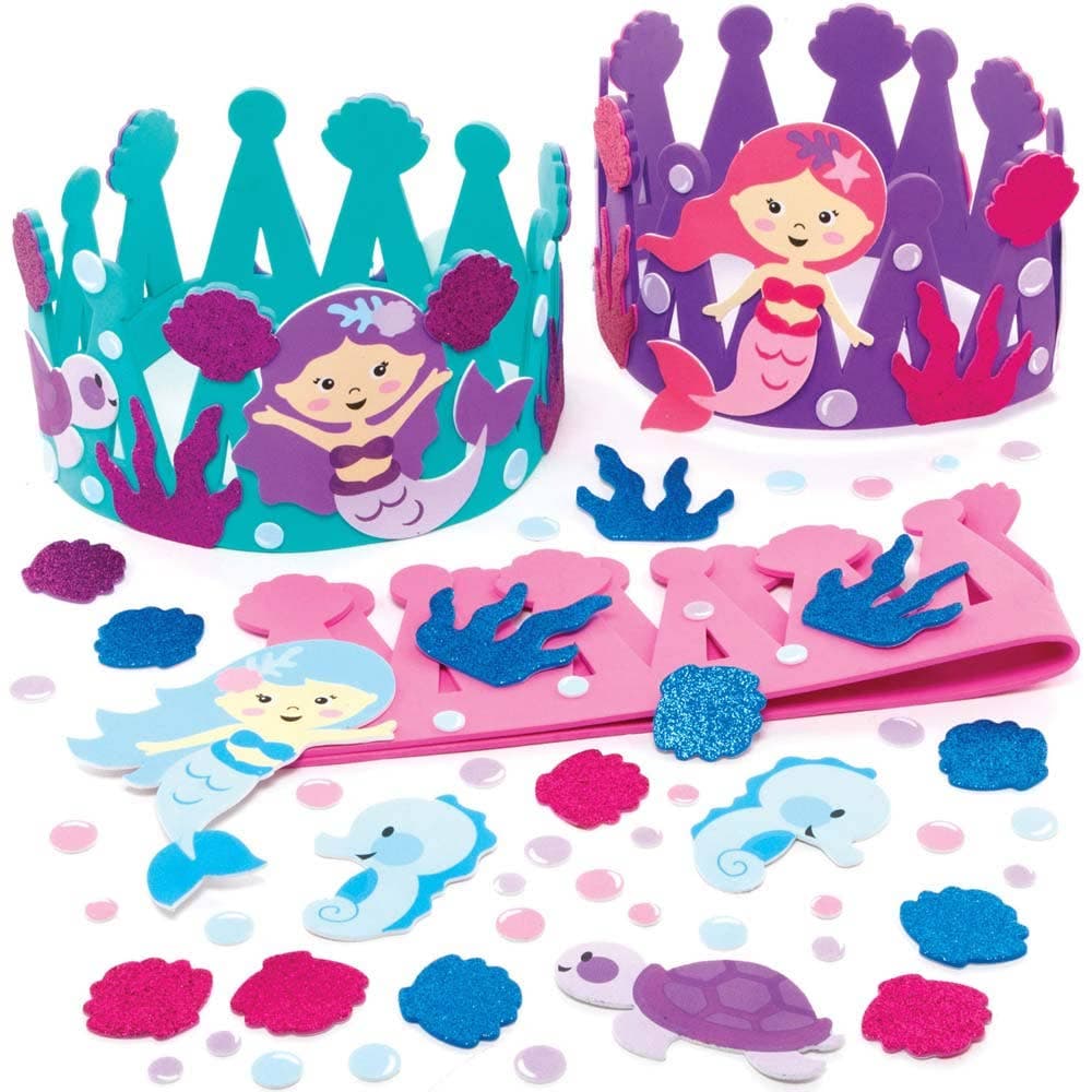 Mermaid Crown Kits (Pack of 3) Decoration Craft Kits, Foam, No Glue Required, 3 Crown Colours - Aqua, Pink & Purple