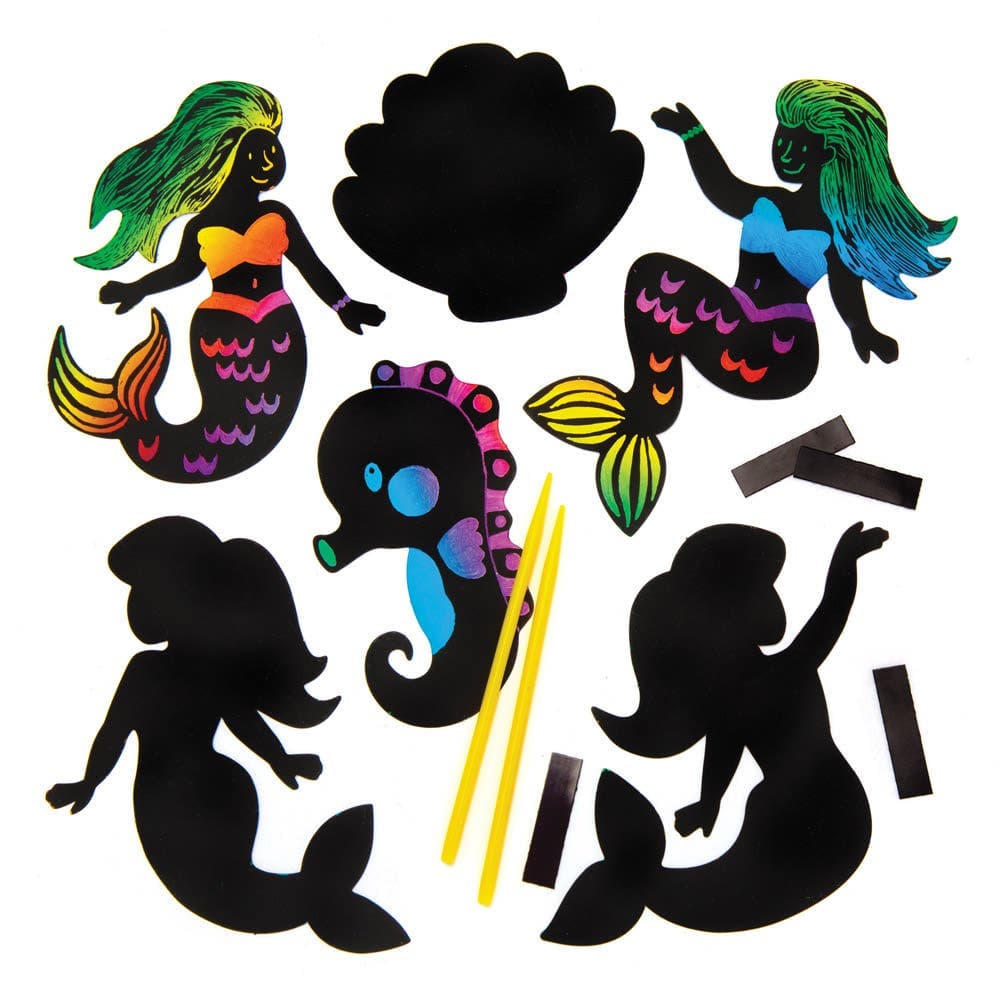 Mermaid Scratch Art Magnets (Pack of 10) Scratch Tools & Magnets Included, Craft Kits For Kids