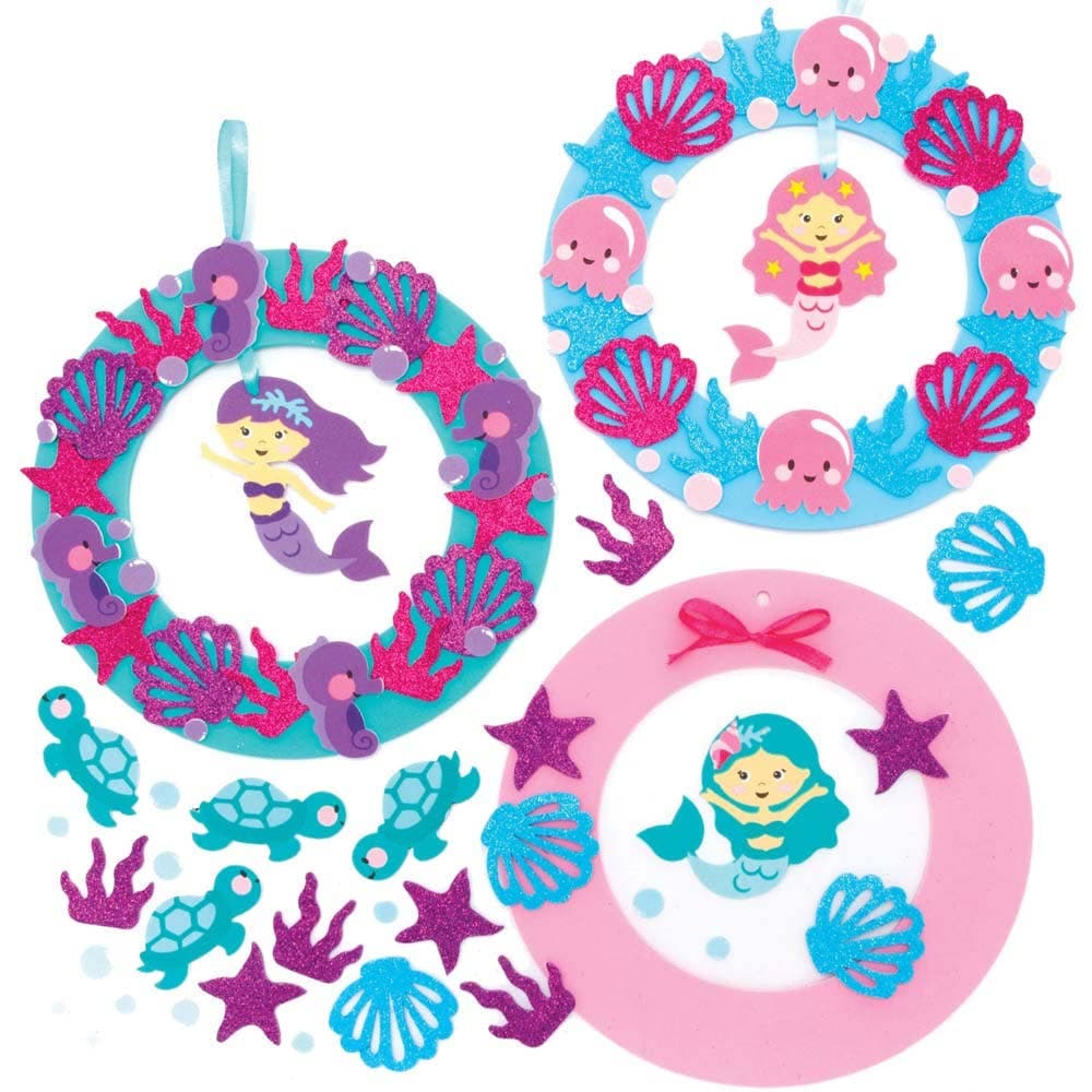 Mermaid Wreath Kits (Pack of 3) Decoration Craft Kits 3 mermaid colours - Pink, Teal & Purple