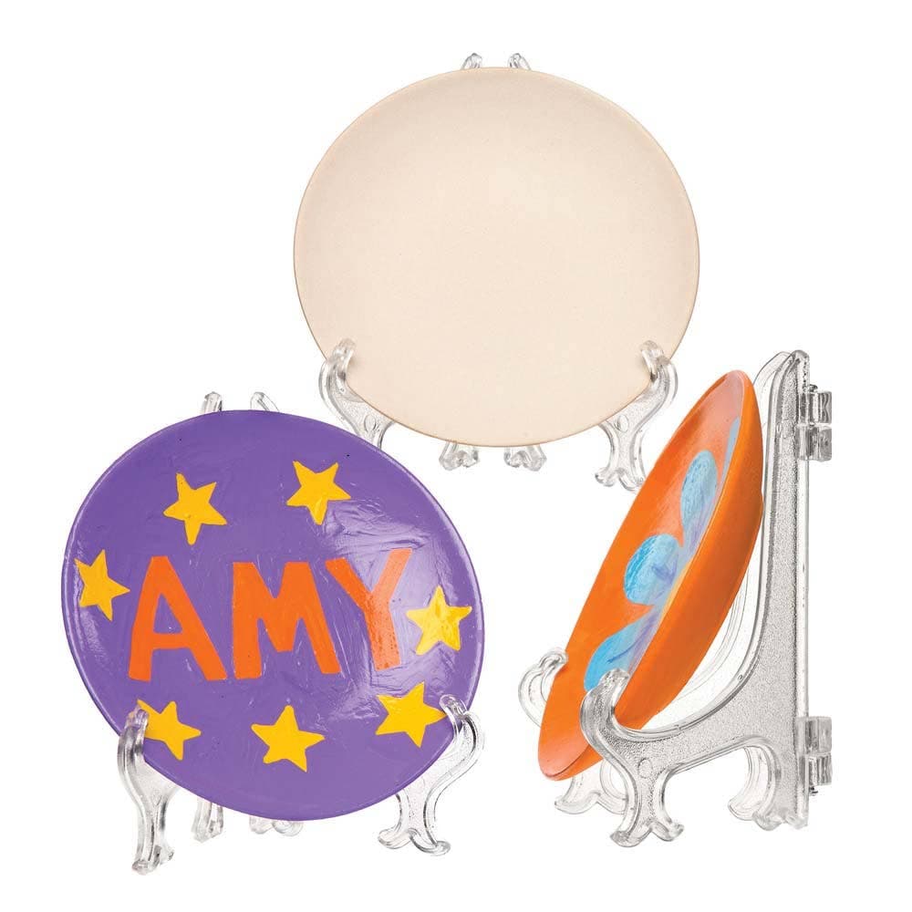 Mini Ceramic Plates & Stands (Pack of 4) Paint Your Own, Size 9.5cm, Plastic Stand Included