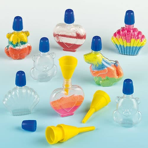Mini Shaped Sand Art Bottles (Pack of 8) 4 Assorted Designs, Bottle Height 7cm, 2 Mini Funnels Included, Art Craft Kits