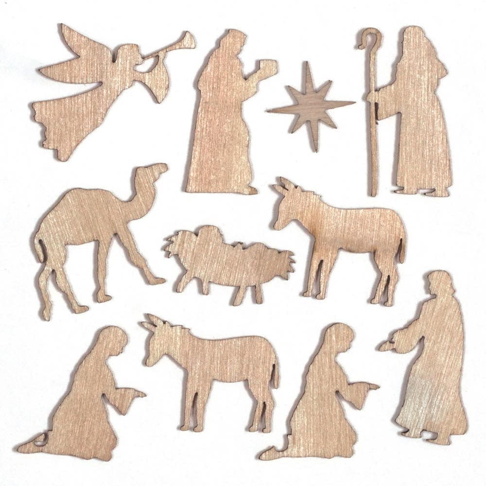 Nativity Mini Wooden Shapes (Pack of 45) Christmas Craft Supplies, 9 Assorted Designs, 3D Card Embellishment