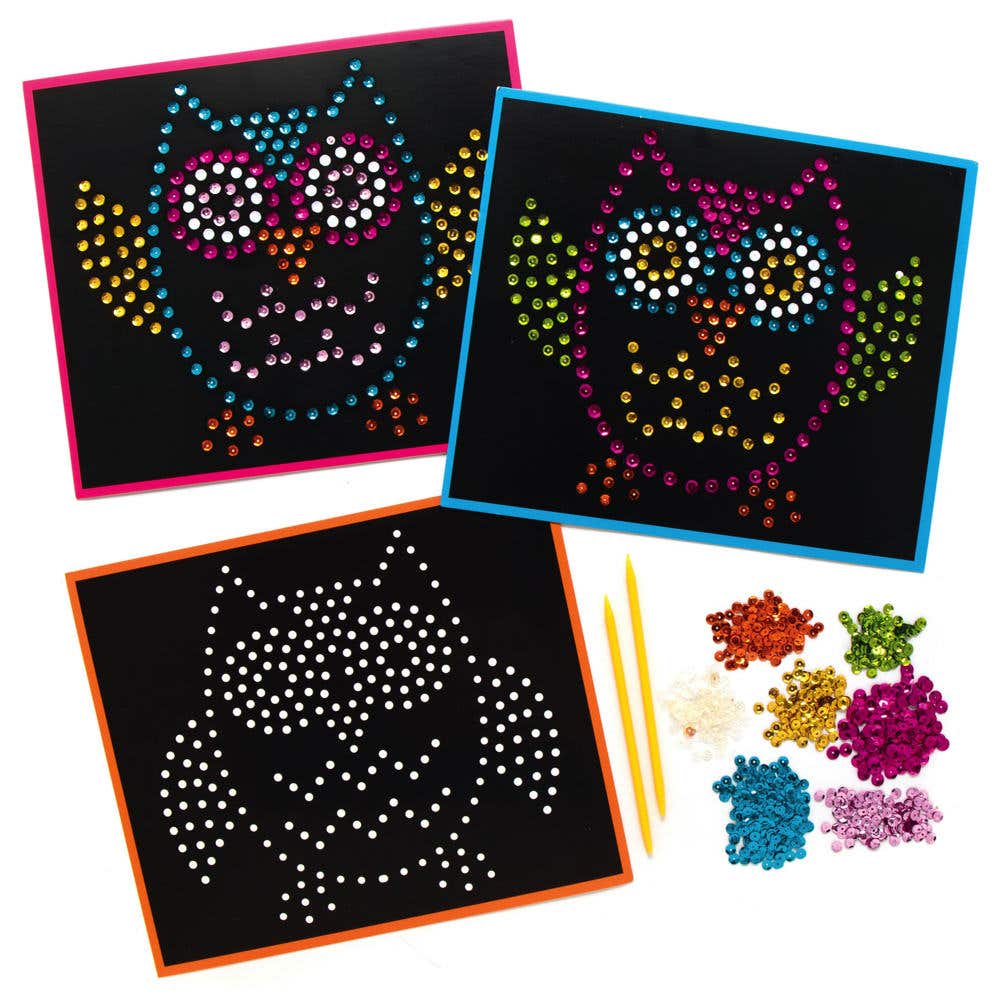 Owl Sequin Picture Kits (Pack of 4) Craft Kits For Kids 7 sequin colours - Purple, Yellow, Orange, Pink, Blue, Green & White