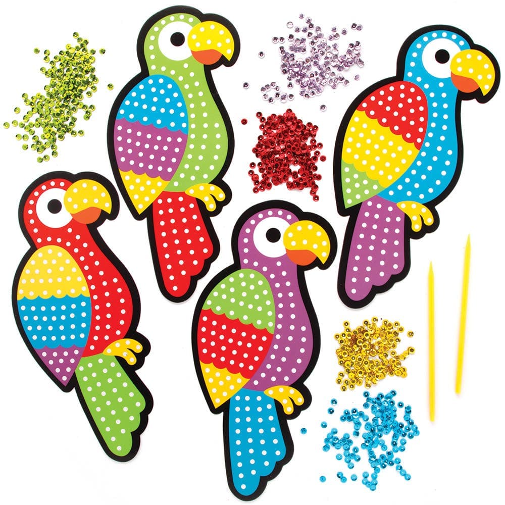 Parrot Sequin Craft Kits (Pack of 4) Craft Kits For Kids 5 sequin colours - Blue, Red, Purple, Yellow & Green