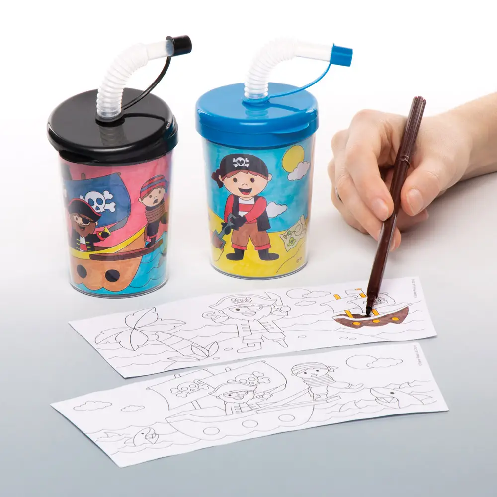 Pirate Colour-in Bendy Straw Cups (Pack of 3) Party Tableware 3 assorted colour lids - Blue, Red & Black