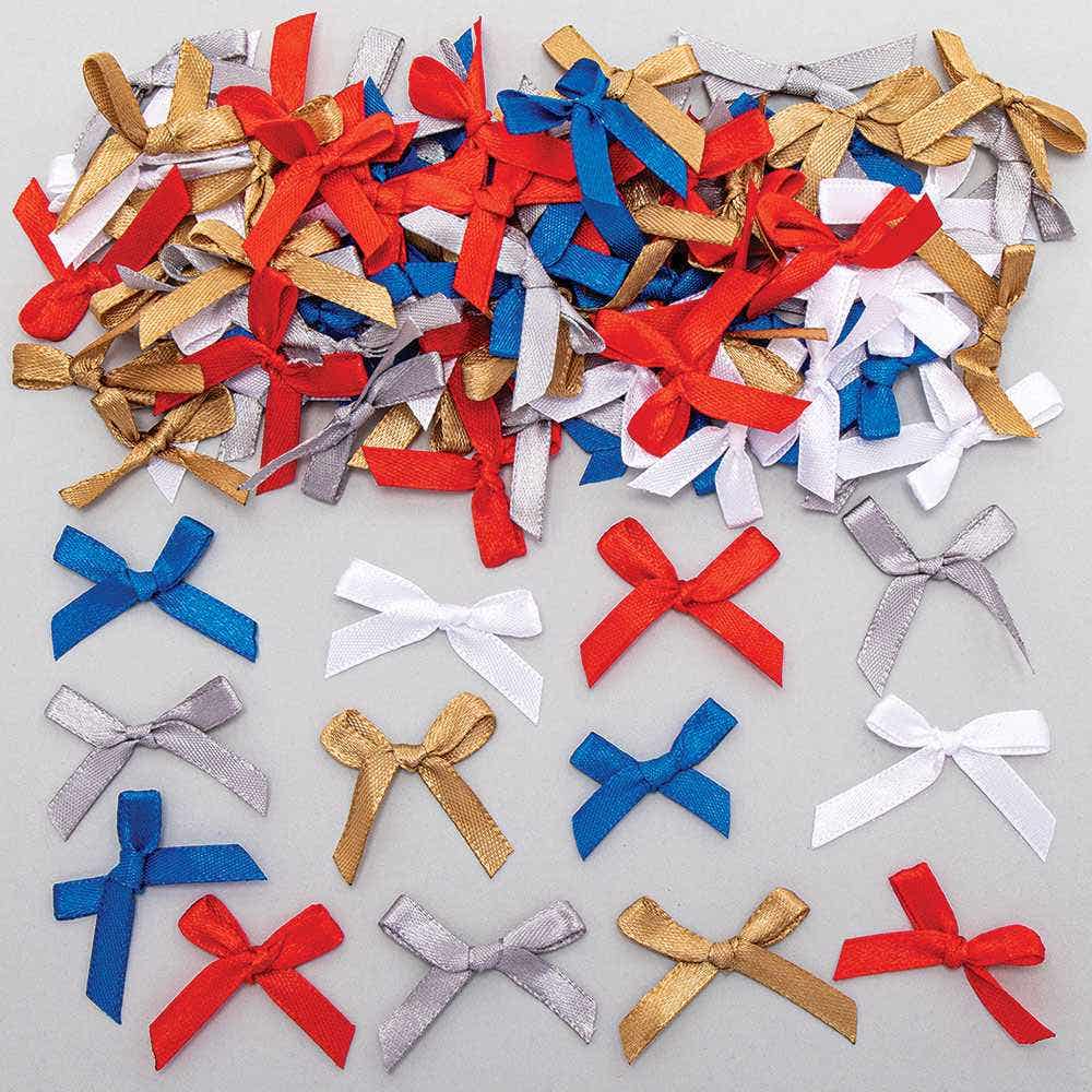 Self-Adhesive Ribbon Bows Value Pack (Pack of 100) Craft Embellishments 5 assorted colours - Red, Blue, White, Gold & Silver