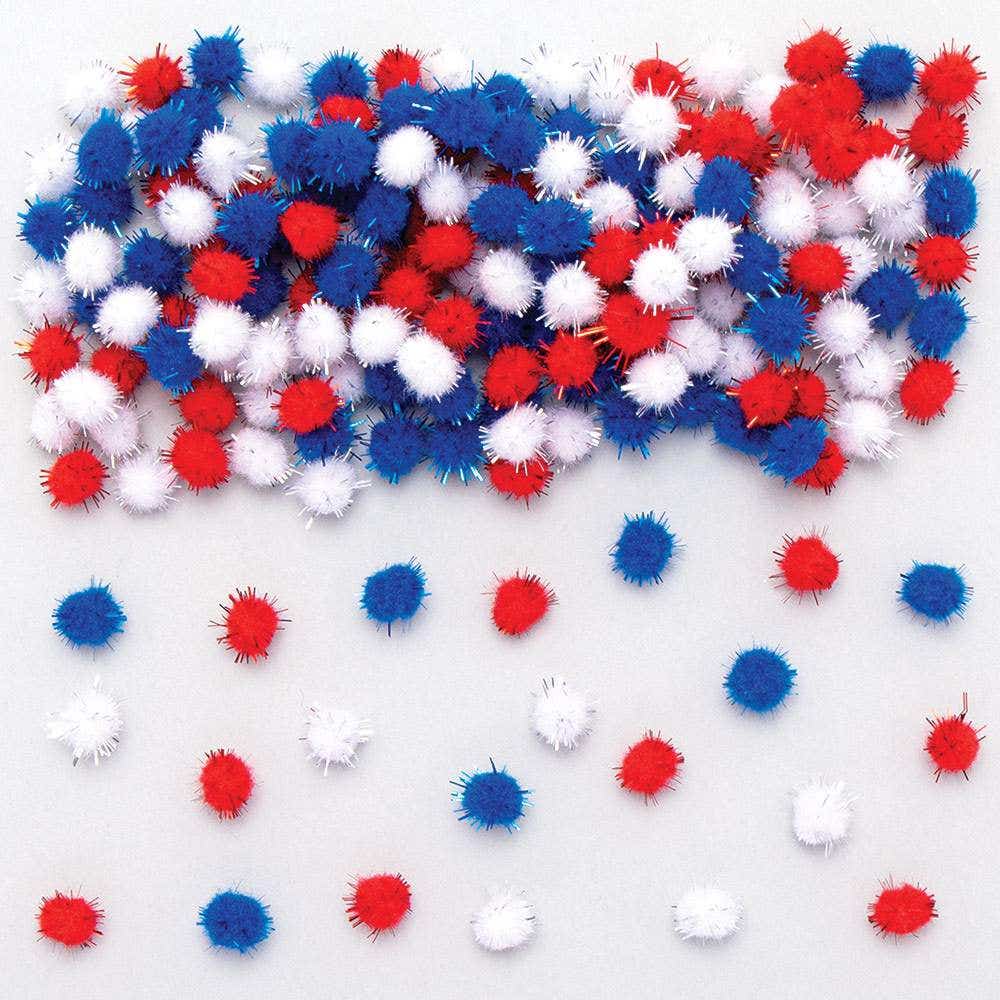 Self-Adhesive Glitter Pom Poms Value Pack (Pack of 200) Craft Embellishments 5 assorted colours - Red, Blue, White, Gold & Silver