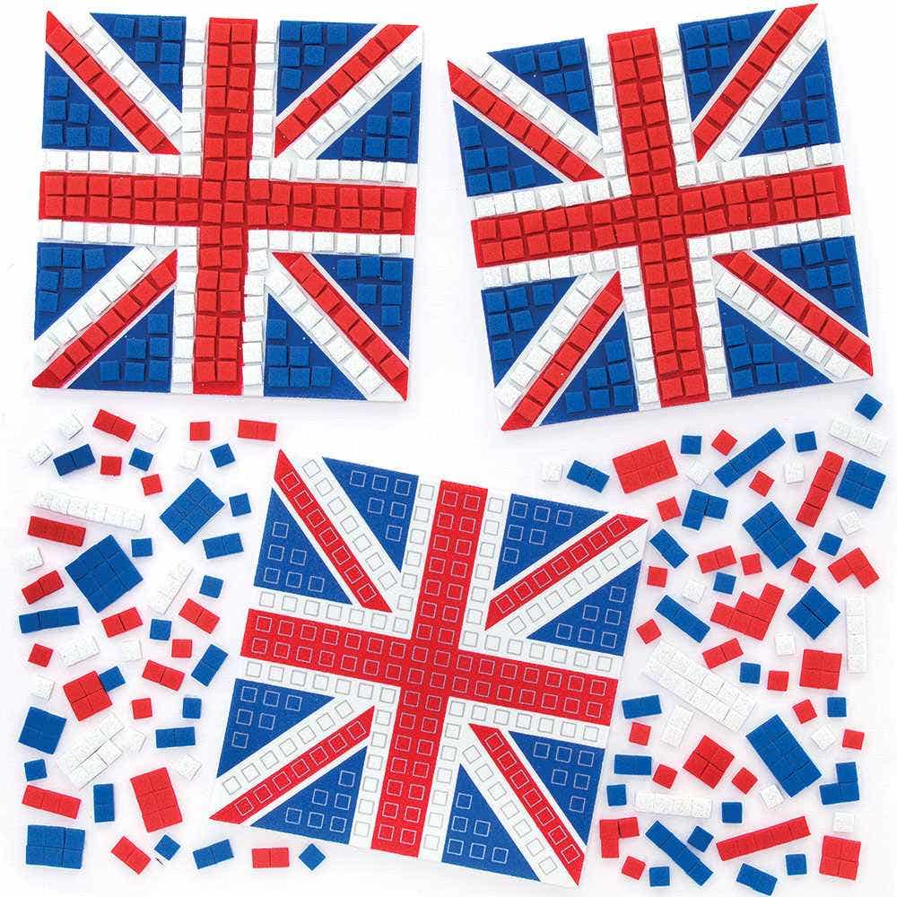 Union Jack Mosaic Kits (Pack of 5) Craft Kits For Kids 3 assorted foam tile colours - Red, White & Blue