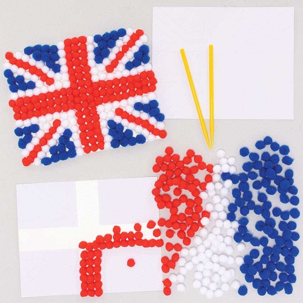 Union Jack Pom Pom Art Kits (Pack of 3) Red, White & Blue Pom Poms, Self-Adhesive Card, Crafts For Kids