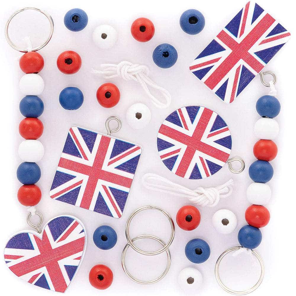 Union Jack Keyring & Bag Dangler Kits (Pack of 4) Craft Kits For Kids, 4 Assorted Designs