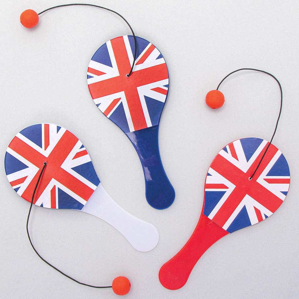 Union Jack Paddle Balls (Pack of 6) Party Bag Toys/Fillers, 3 Assorted Designs, Biff Bat Size 12cm
