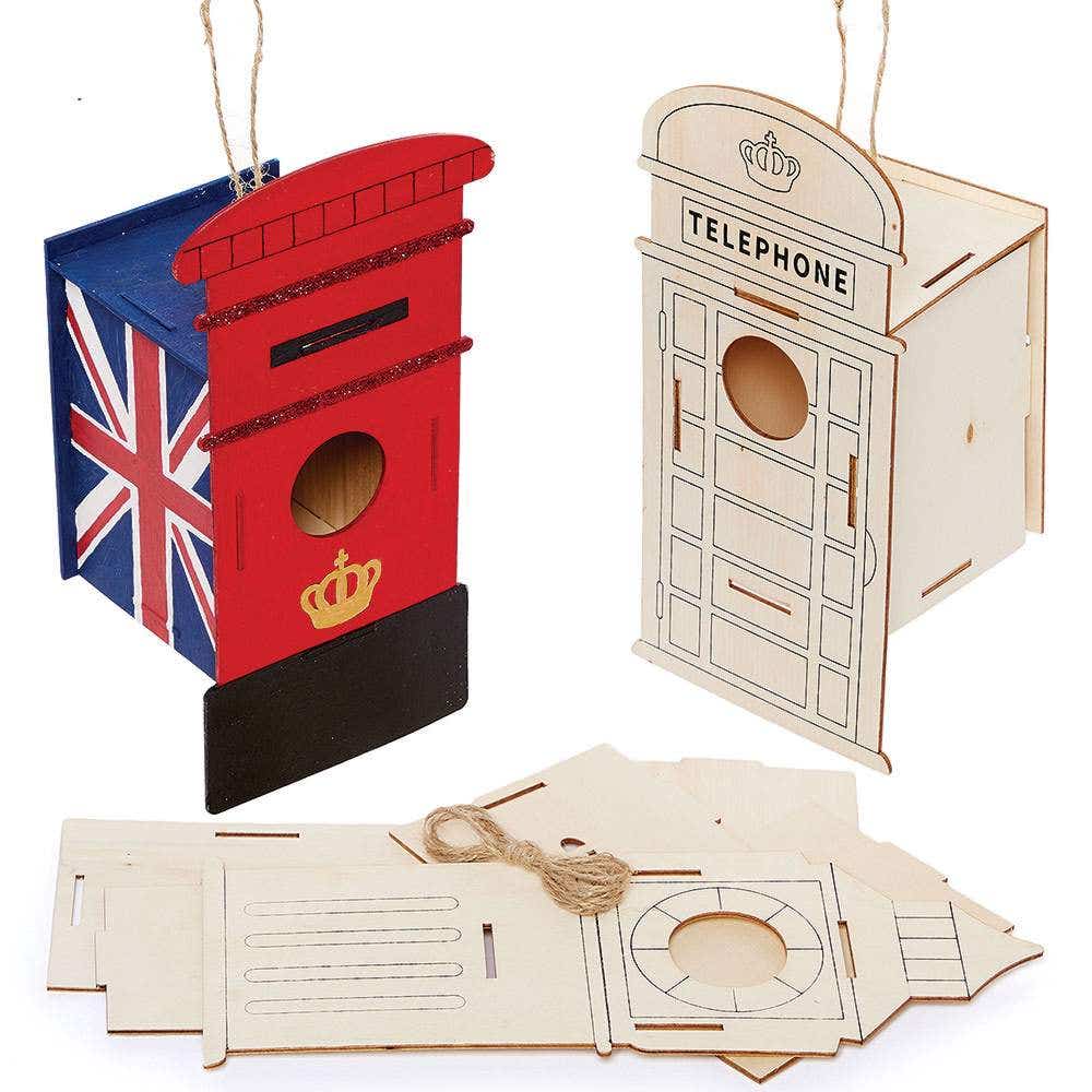 London Wooden Birdhouse Kits (Pack of 3) Craft Kits, Assemble & Decorate, 3 Assorted Designs
