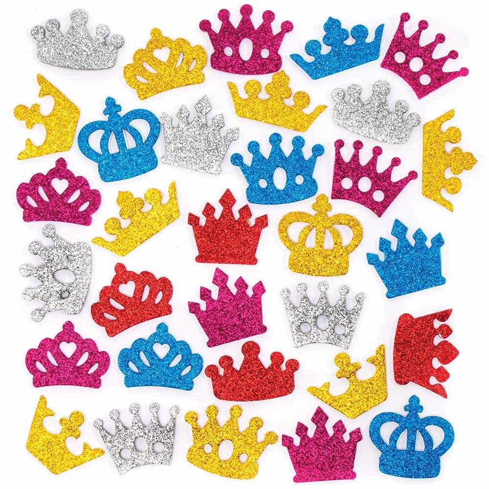 Glitter Crown Foam Stickers (Pack of 150) 10 Assorted Crown Designs, 5 Colours, Self-Adhesive