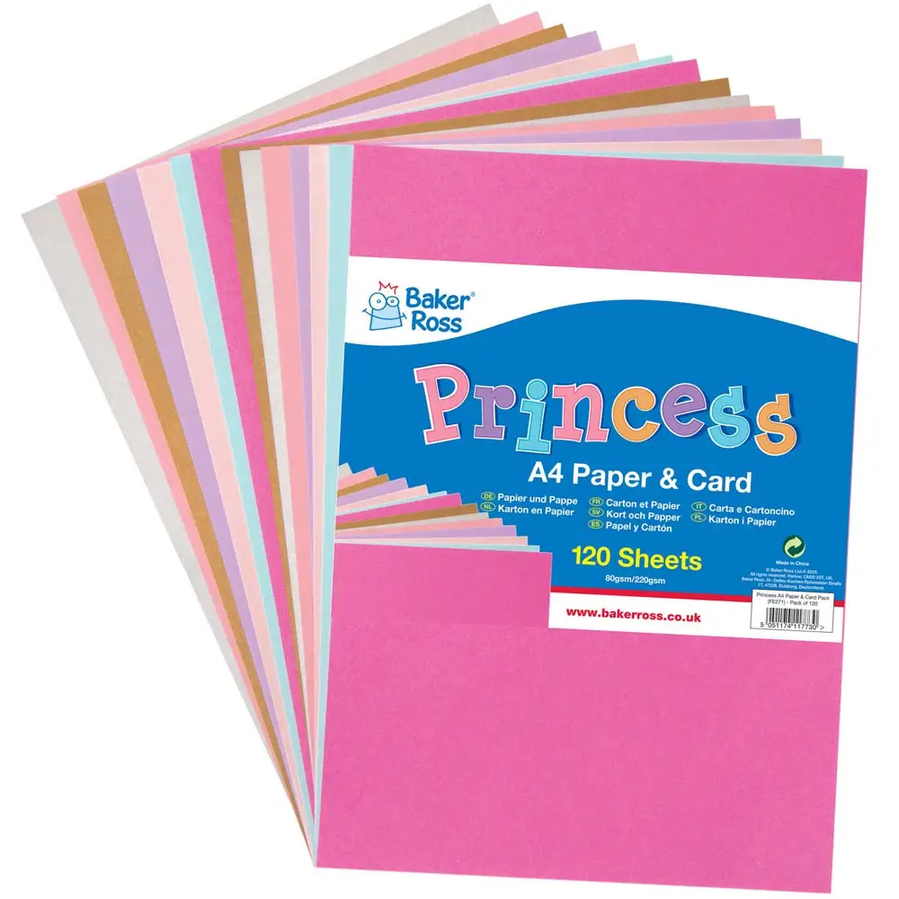 Princess A4 Card & Paper Value Pack (Pack of 120) 6 Assorted Colours, Card Weight 220gsm & Paper Weight 80gsm