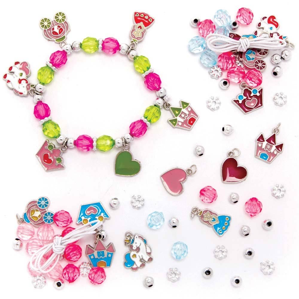 Princess Charm Bracelet Kits (Pack of 3) Jewellery 3 assorted colourways - Green/Pink, Blue/Pink & Purple/Pink
