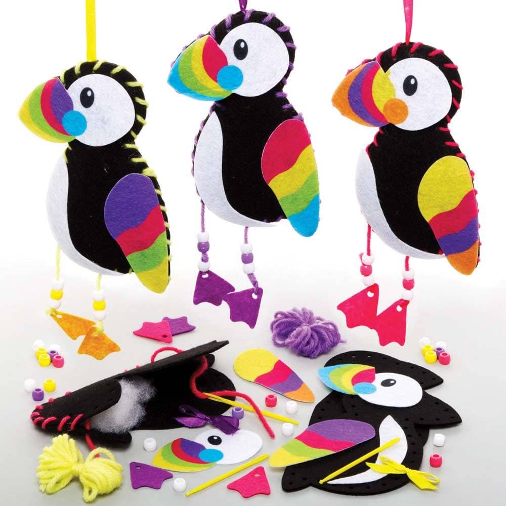 Puffin Sewing Kits (Pack of 3) Sewing & Weaving Craft Kits 3 wool colours - Pink, Purple & Yellow