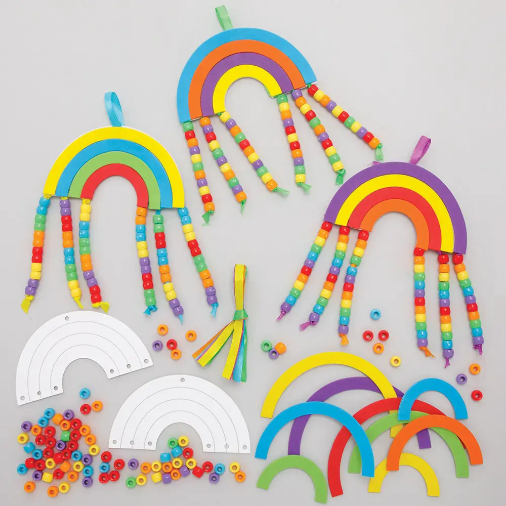 Rainbow Bead Decoration Kits (Pack of 5) Crafts For Kids, 5 Assorted Designs, No Glue Required