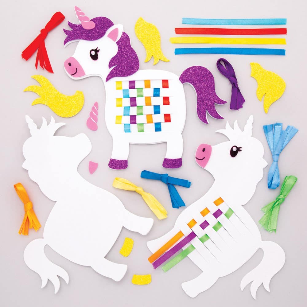 Rainbow Unicorn Weaving Kits (Pack of 6) 7 Assorted Ribbon Colours, Size 18cm x 18cm, Beginners Weaving Kits