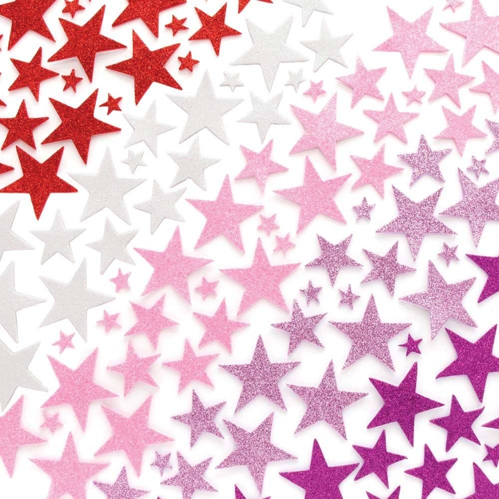 Red, Pinks & Purple Glitter Star Foam Stickers (Pack of 200) Stickers 6 assorted colours - White, Red, Pink, Light Pink, Purple & Light Purple