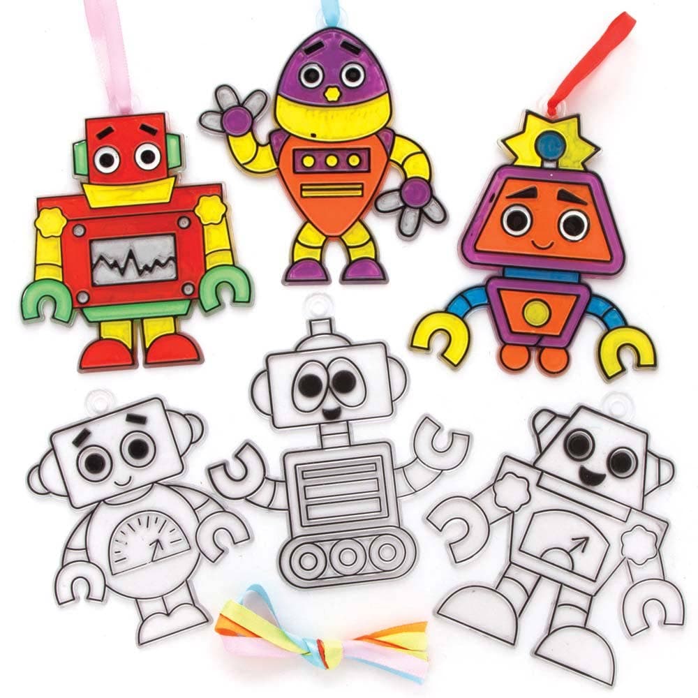 Robot Suncatchers (Pack of 10) Decoration Craft Kits 5 ribbon colours - Red, Orange, Purple, Green & Blue