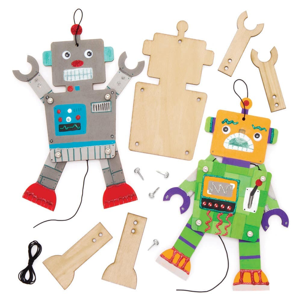 Robot Wooden Puppet Kits (Pack of 4) Decorate Your Own, Size 23cm, All-In-One Art Craft Kits For Kids