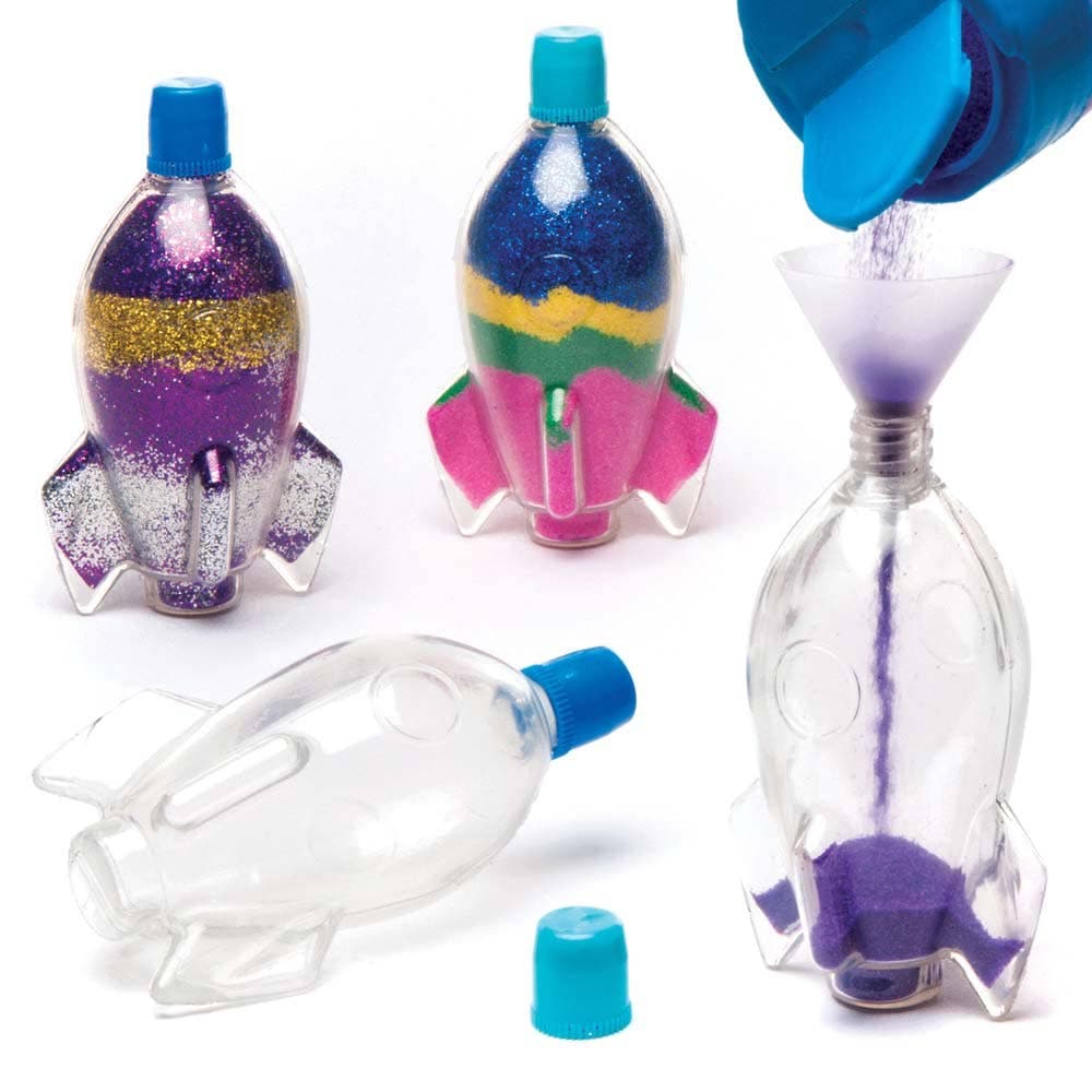 Rocket Sand Art Bottles (Pack of 5) Plastic Bottles, 1 Design, Height 9.5cm, Funnel Included, Art Craft Kits