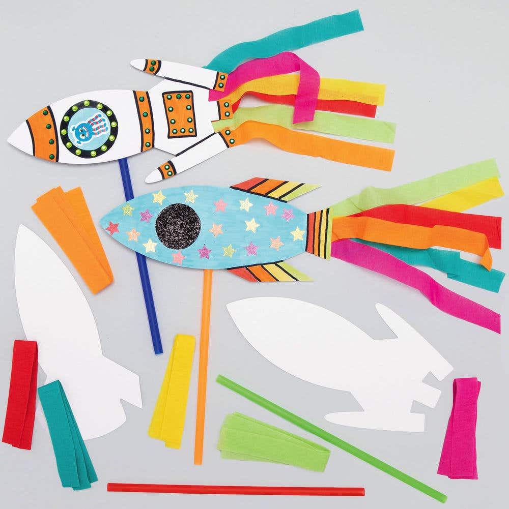 Rocket Wand Kits (Pack of 8) 6 Assorted Coloured Streamers & 4 Coloured Sticks, Decorate & Personalise