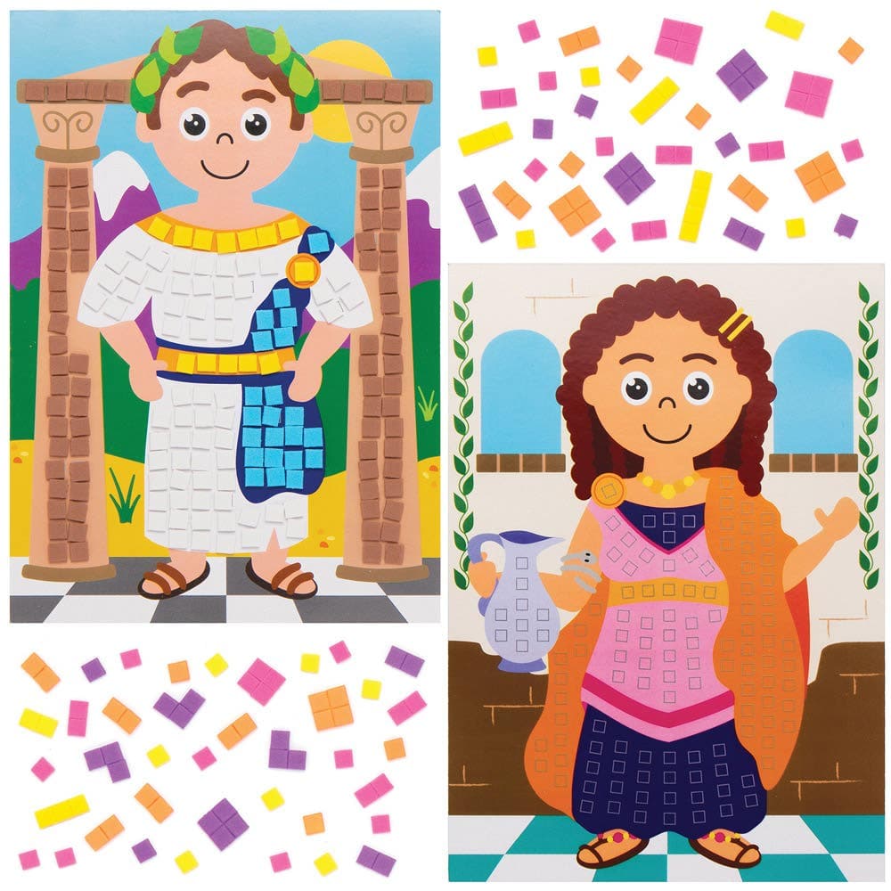 Roman Mosaic Picture Kits (Pack of 4) Craft Kits For Kids, 9 Assorted Colours, 4 Designs, 15cm x 21cm