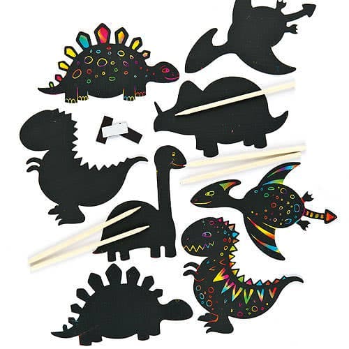 Dinosaur Scratch Art Magnets (Pack of 10) Craft Kits, 5 Assorted Designs, Rainbow Colours