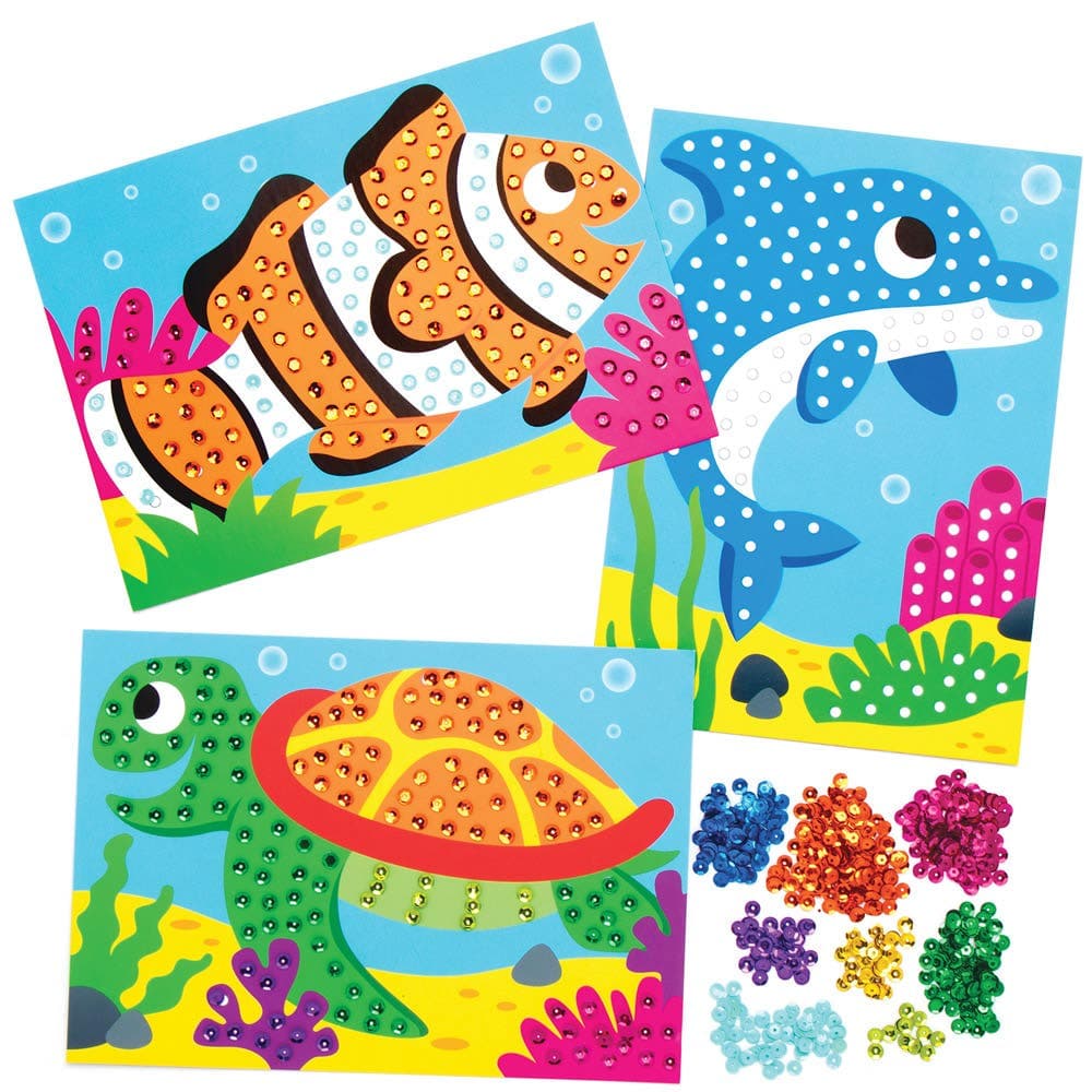 Sealife Sequin Picture Kits (Pack of 4) Craft Kits For Kids 7 assorted sequin colours - Pink, Purple, Green, Orange, White, Light Green & Blue