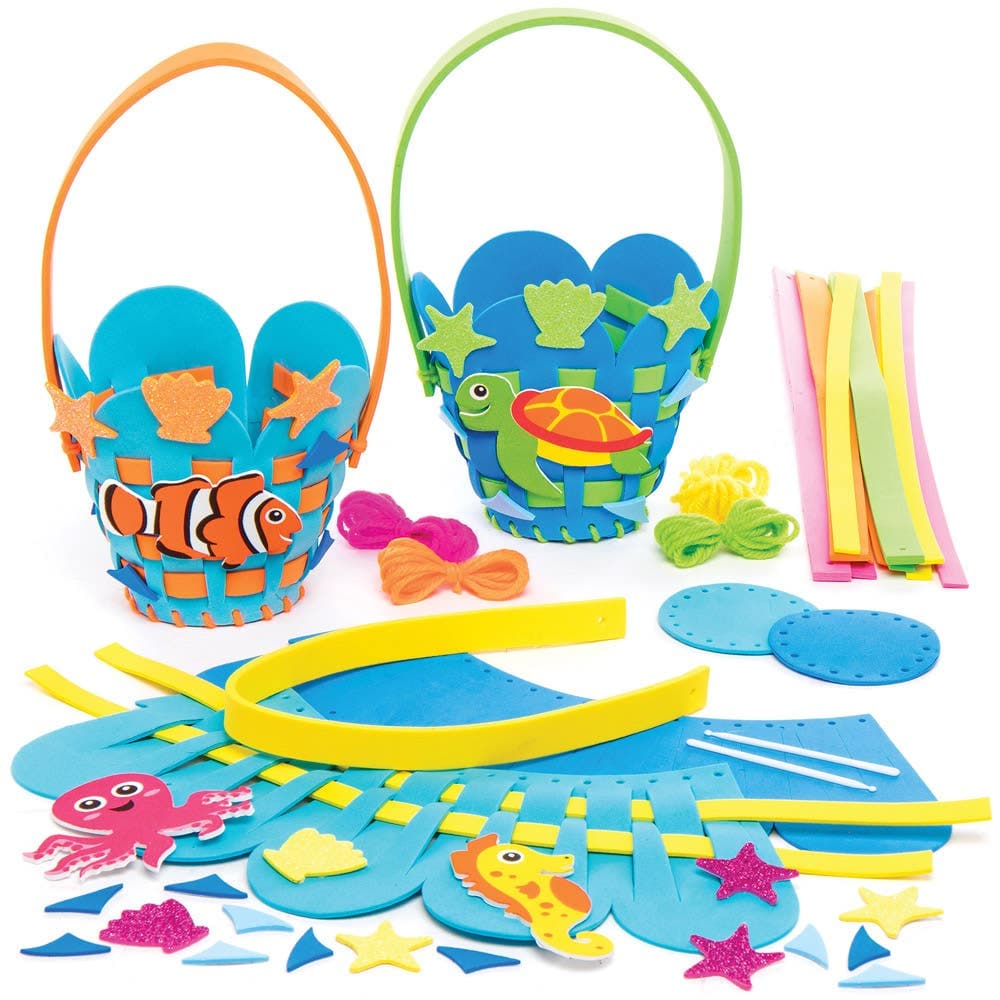 Sealife Weaving Basket Kits (Pack of 4) Sewing & Weaving Craft Kits 4 assorted foam strip colours - Green, Pink, Orange & Yellow