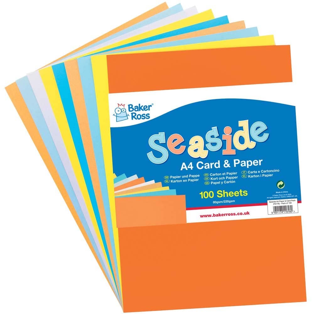 Seaside A4 Card & Paper Value Pack (Pack of 100) 5 Assorted Colours, Card Weight 220gsm & Paper Weight 80gsm