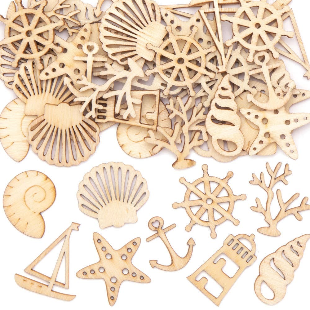 Seaside Mini Wooden Shapes (Pack of 45) 9 Assorted Sea Themed Designs, 10mm-25mm Wide, 3D Model/Card Making