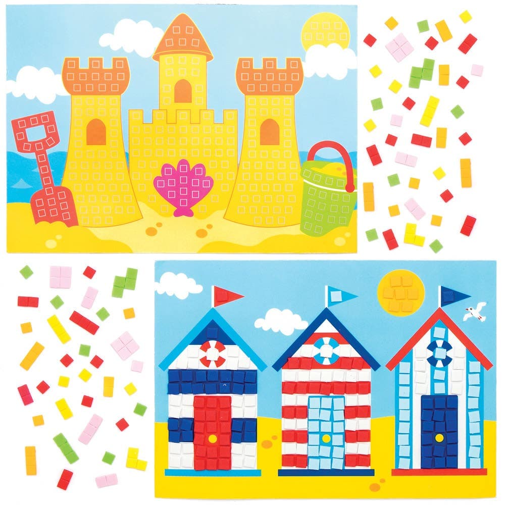 Seaside Mosaic Picture Kits (Pack of 4) Craft Kits For Kids 5 assorted foam colours - Pink, Red, Green, Orange & Yellow