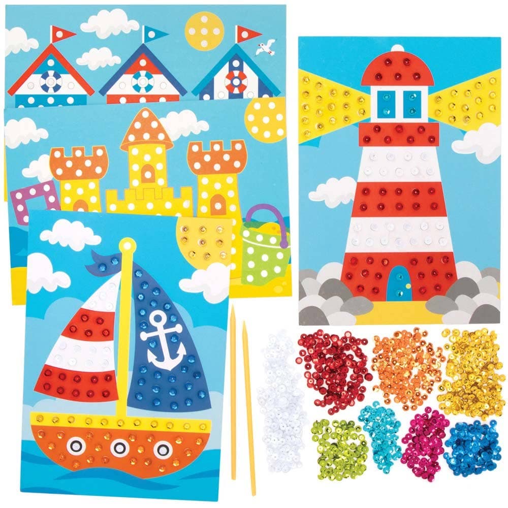 Seaside Sequin Picture Kits (Pack of 4) Craft Kits For Kids 8 sequin colours - Red, Light Blue, White, Yellow, Blue, Orange, Pink & Green