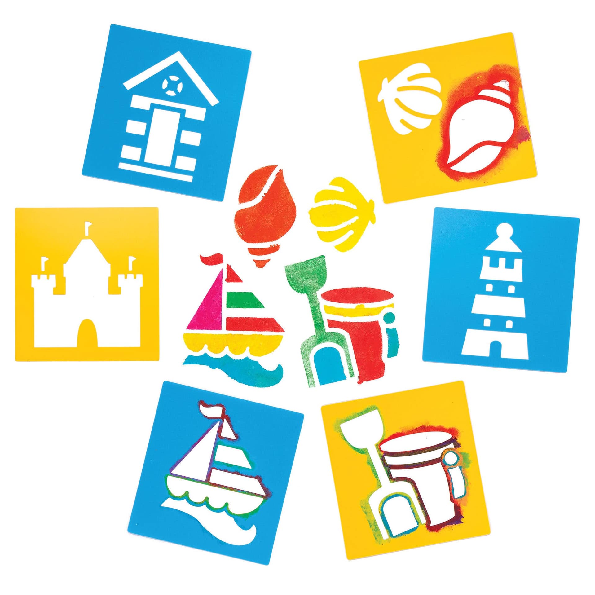 Seaside Stencils (Pack of 6) Art Supplies, Art Materials 2 stencil colours - Blue & Yellow