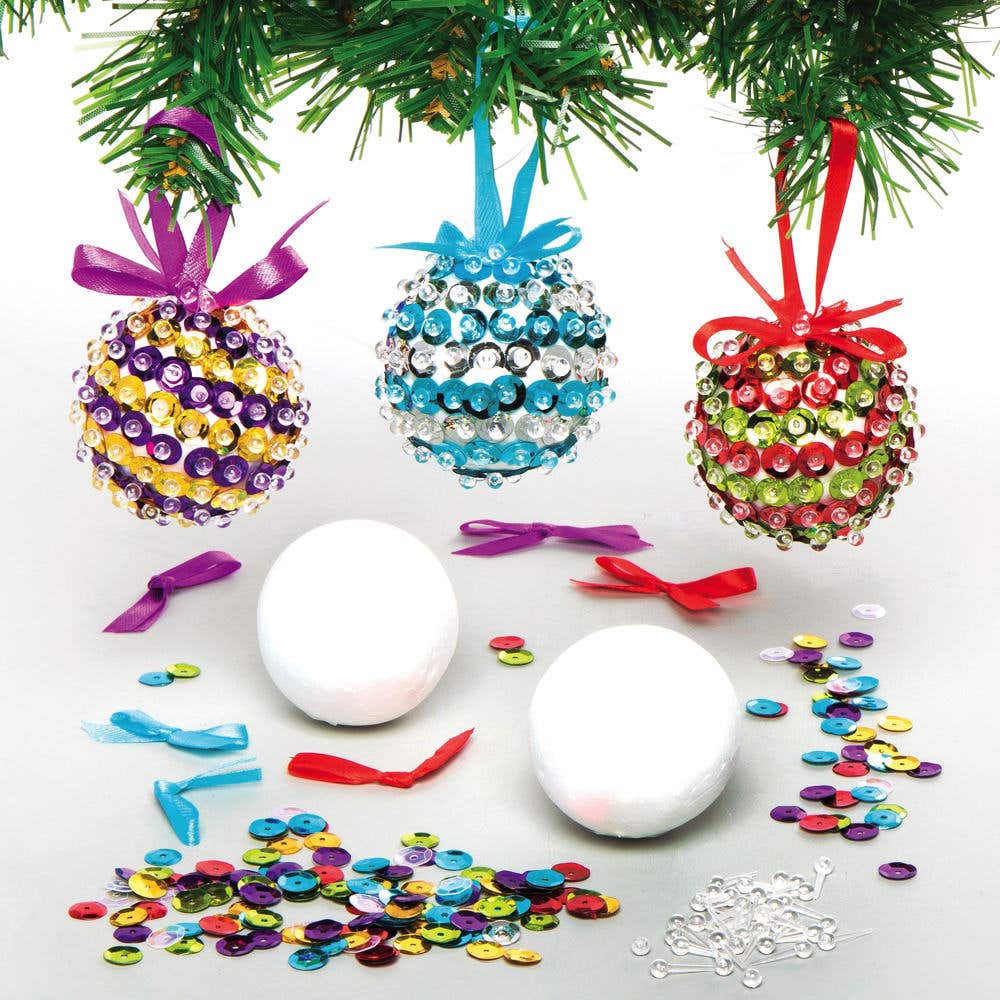 Sequin Bauble Decoration Kits (Pack of 3) Christmas Crafts 3 assorted colourways - Red/Green, Blue/Silver & Yellow/Purple