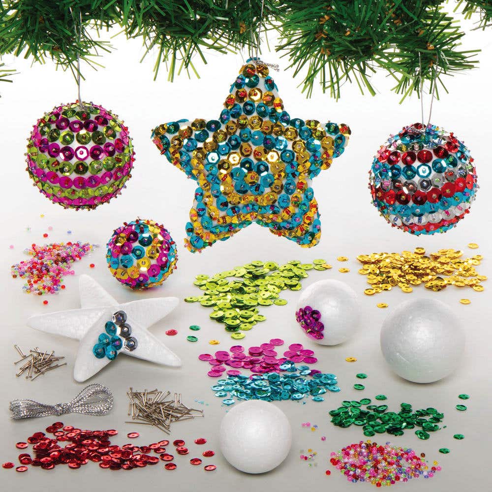 Sequin Christmas Bauble Kits Bumper Tub (Pack of 10) 4 Assorted Shapes, 6 Assorted Sequin Colours, Decorate Your Own