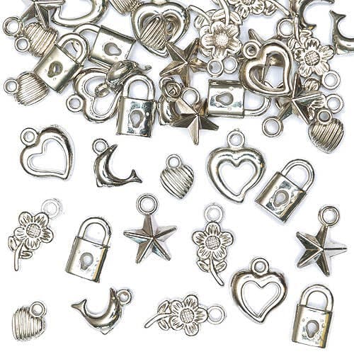 Silver Coloured Charms (Pack of 90) Assorted Designs Including Heart, Dolphin & Flower, Bracelet/Jewellery Making