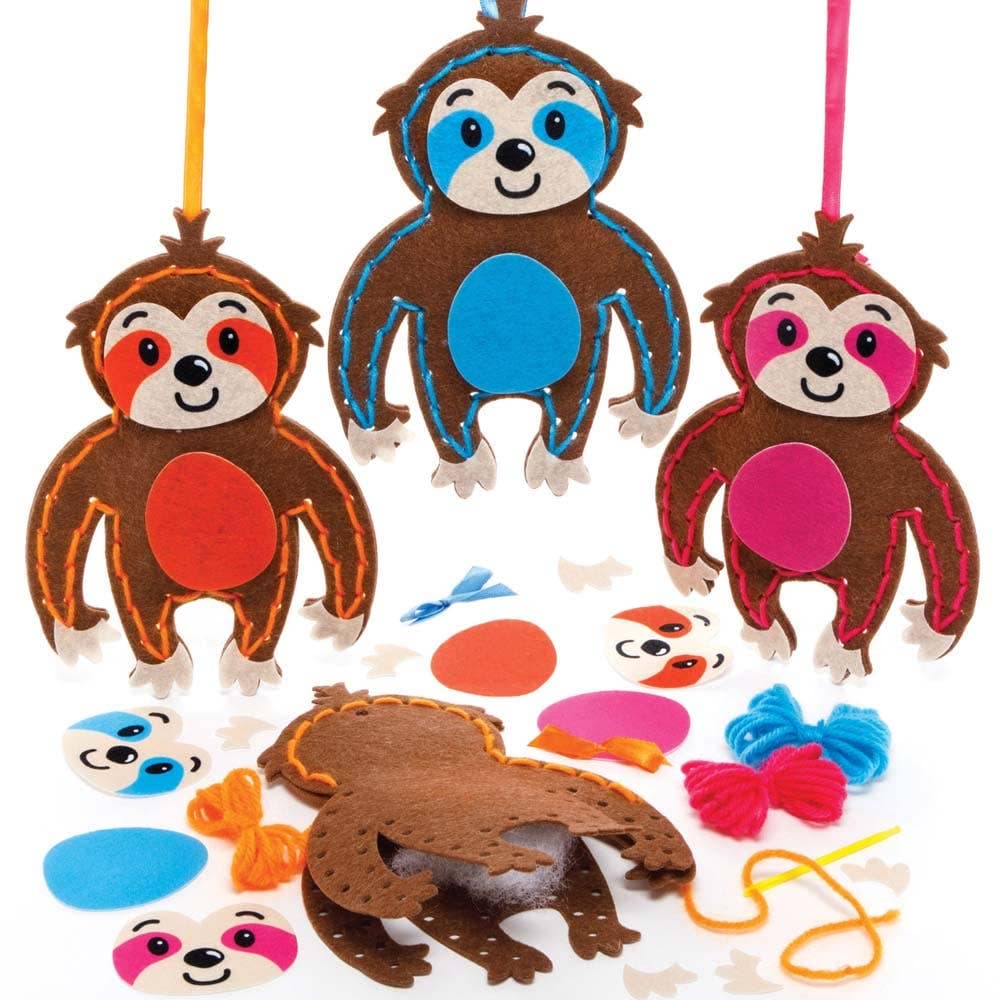 Sloth Sewing Kits (Pack of 3) Sewing & Weaving Craft Kits 3 assorted colours - Pink, Blue & Orange