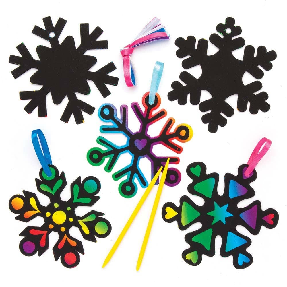 Snowflake Scratch Art Decorations 12cm (Pack of 10) Christmas Crafts, Hanging Decorations, 5 Assorted Designs