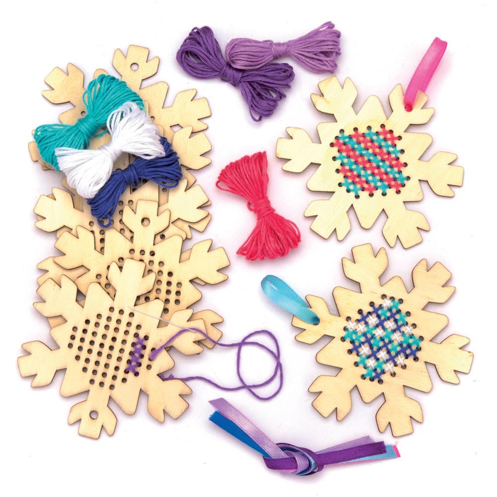 Snowflake Wooden Cross Stitch Decoration Kits (Pack of 5) 6 Assorted Thread Colours, Size 9cm, Great For Beginners