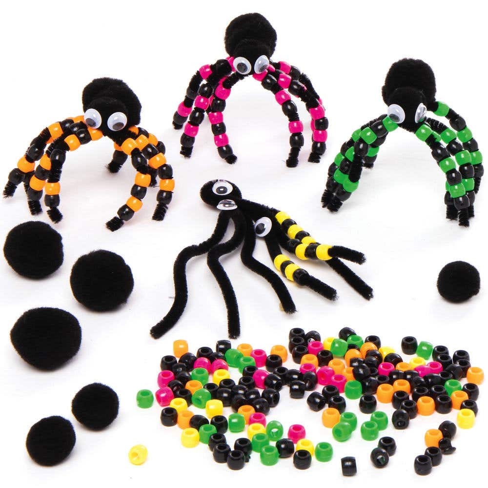 Spider Bead Kits (Pack of 4) Halloween Crafts For Kids, Beads & Pipe Cleaners, Assorted Colours