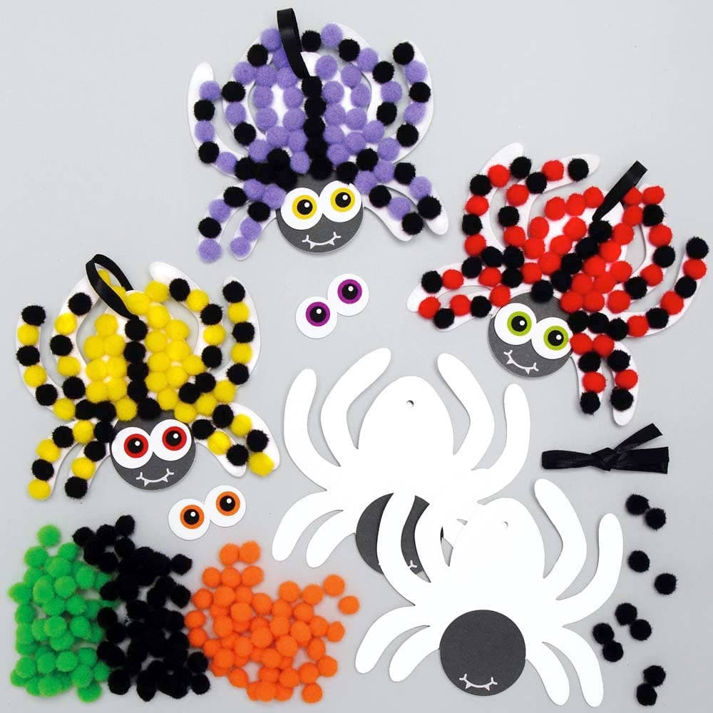 Spider Pom Pom Art Kits (Pack of 5) Halloween Crafts 6 assorted pom pom colours - Orange, Purple, Green, Red, Yellow & Black