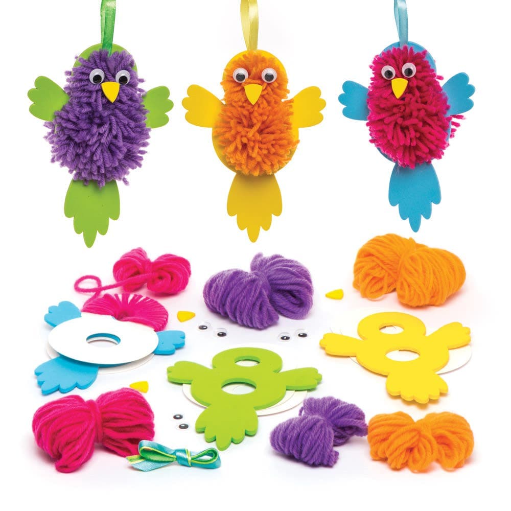 Bird Pom Pom Making Kits (Pack of 3) Art Craft Kits, 3 Assorted Colours & Designs, No GLue Required