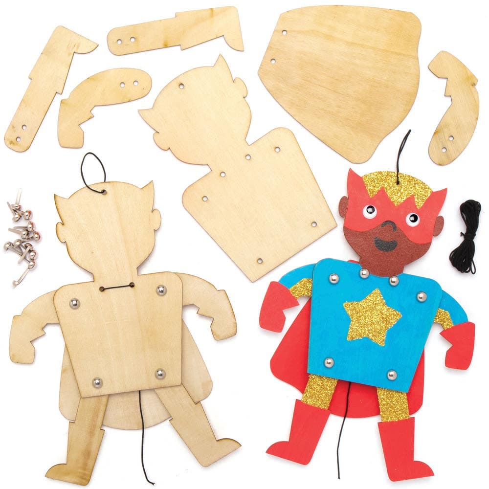 Star Hero Wooden Puppet Kits (Pack of 4) 1 Design, Self-Assemble & Decorate, 23cm High, Art Craft Kits